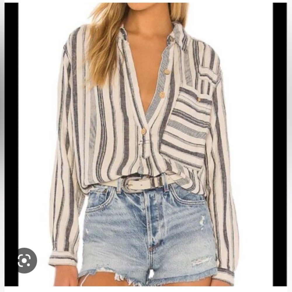 We the Free People Women's Blouse SZ XS Summer Breeze Tea Combo Blue Stripe N48
